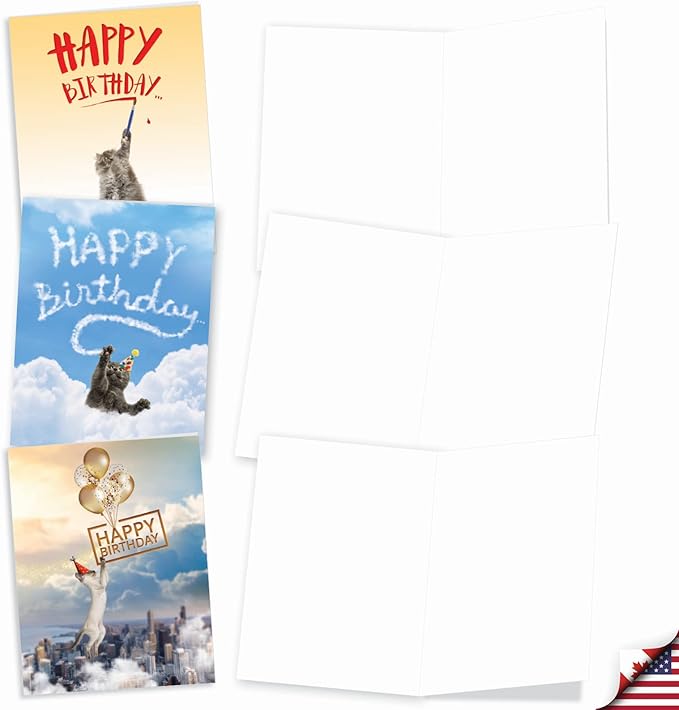 The Best Card Company - 10 Happy Birthday Note Cards Blank - Assorted Bulk Birthday Notecards, Cute Animals Boxed Set (4 x 5.12 Inch) - Cat Sent Greetings AM6112BDB-B1x10