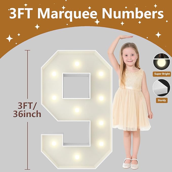 3FT Marquee Light Up Numbers, Giant Marquee Numbers, Pre-Cut DIY Foam Board Number 9 for 9 Birthday Decorations, 19th 29th 90 Birthday Decor, Anniversary Decor
