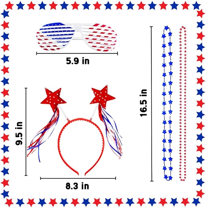 WODMAZ 106 Pcs Patriotic Party Favors, Fourth of July Accessories of Headbands Star Bead Necklaces Glasses Tattoo Stickers for 4th of July Independence Day Memorial Day