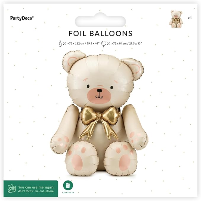 Giant Teddy Bear Foil Balloon PartyDeco 29.5x33 Inch – Cute Cream Bear Balloons with Gold Bow for Baby Shower, Birthday Kids, Gender Reveal Neutral Party Decor