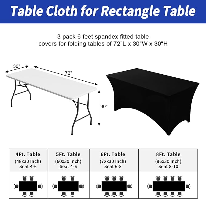 Fixwal 3 Pack Black Table Cloth for 6FT Rectangle Tables, Rectangular Tablecloths Stretch Spandex Fitted Table Covers 6FT for Parties, Trade Shows, Banquet, Weddings, Buffet, Graduation Decorations