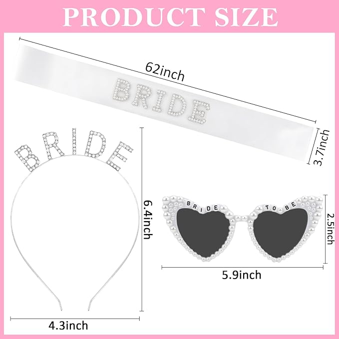 Bride To Be 3-Piece Set - Rhinestone BRIDE Headband, Pearl Heart Sunglasses & Rhinestone Sash for Bachelorette Party, Bridal Shower & Wedding Celebrations