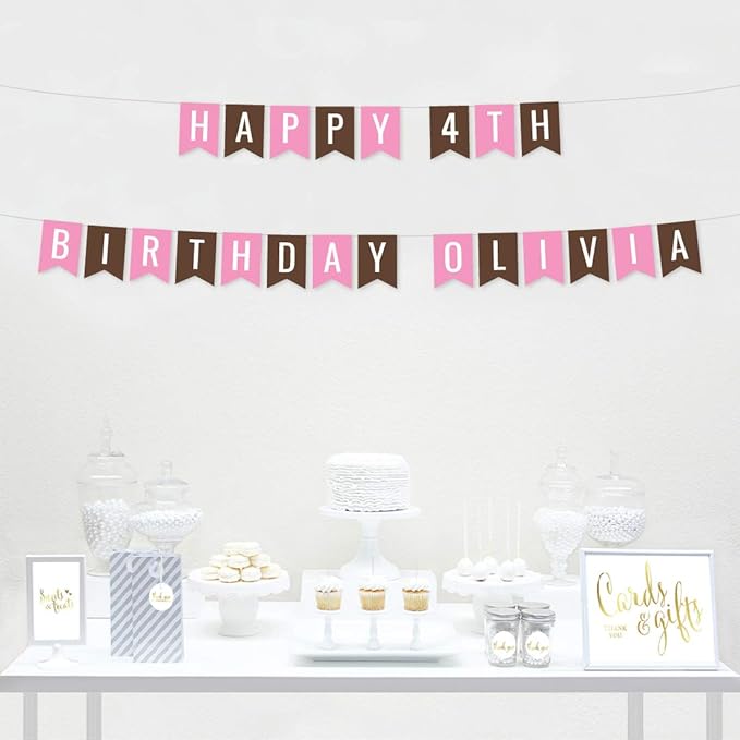 Andaz Press Personalized Hanging Pennant Banner Party Decorations, Pink, Brown, Happy 4th Birthday Olivia, 1-Pack, Approx. 5-Feet, Custom Name and Number, Girl Monkey Theme