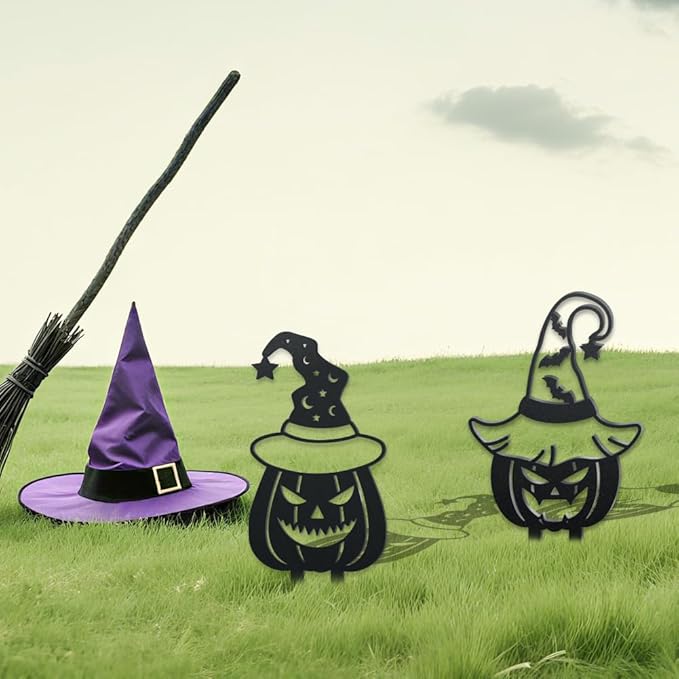 WADORN 2Pcs Halloween Pumpkin Metal Decorative Garden Stakes, Halloween Bat Black Metal Yard Decoration Stakes Pumpkin Silhouette with Witch Hat Garden Ornament Gifts for Outdoor Backyard Lawn Patio
