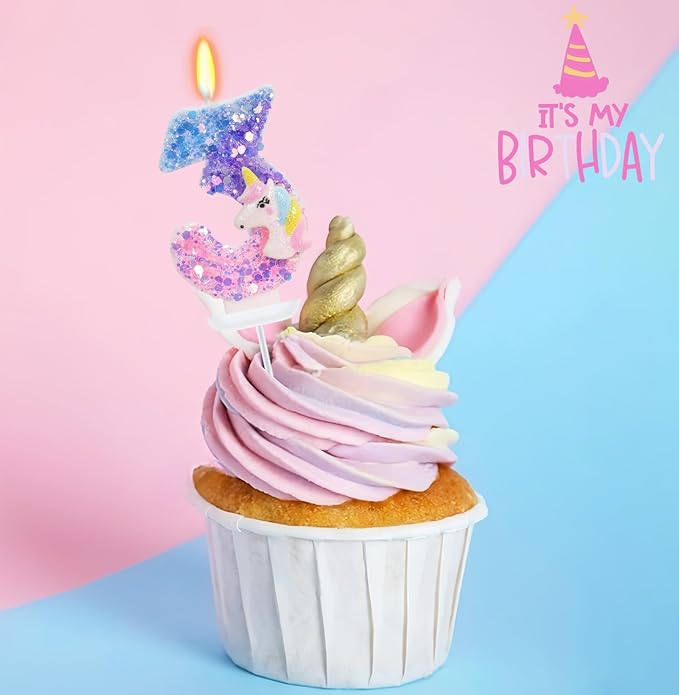 Unicorn Candle - Number 3 Candle, 3rd Birthday Decorations for Girls, Colorful Sequins Birthday Candles for Cake, Cartoon Unicorn Theme Party Decorations