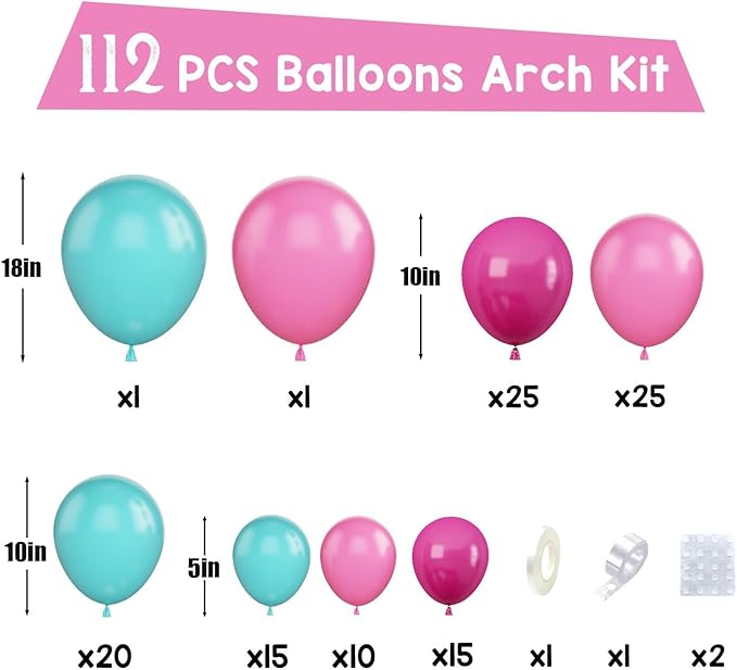 Hot Pink and Teal Balloon Arch Kit, 112Pcs Pink Teal Balloon Garland Kit Teal Blue Hot Pink Latex Balloons Turquoise Pink Helium Balloons for Birthday Summer Party Baby Shower Wedding Anniversary