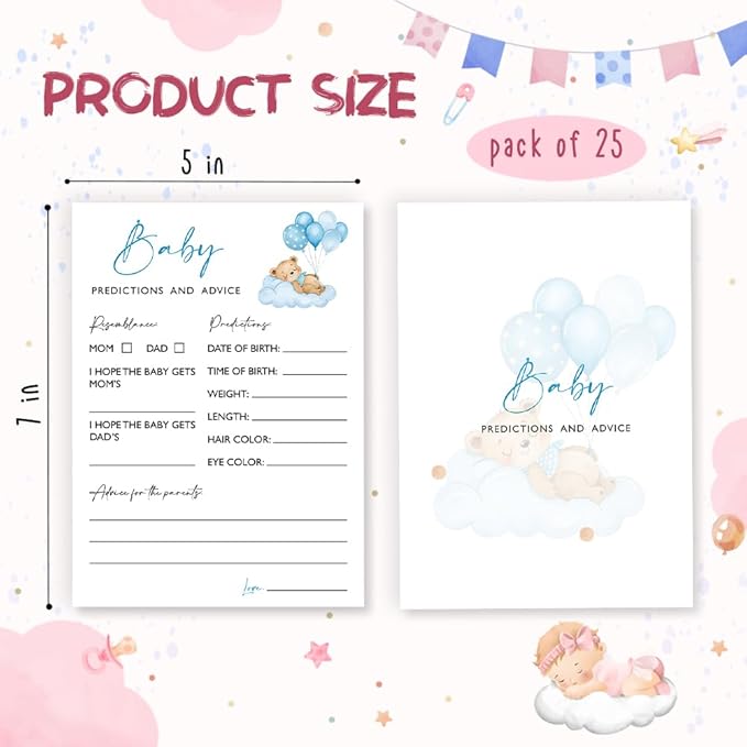 Baby Predictions & Advice Shower Game, 25 Blue Bear & Balloon Theme Ready-to-Play Cards, Fun Icebreaker Activity for Boys, Baby Shower Party Games and Supplies - B04