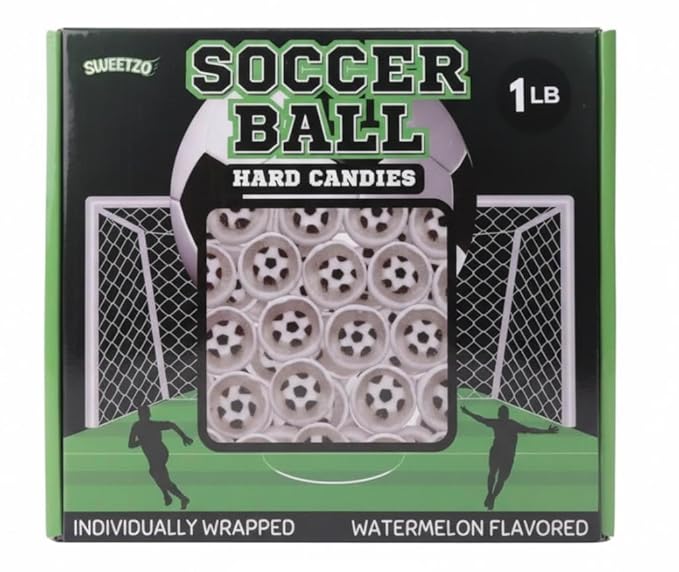 Soccer Ball Hard Candy, Watermelon Flavor, Individually Wrapped, 110+ Pieces, 1 lb Bulk Party Favors for Teams, Goodie Bags, Birthday Treats
