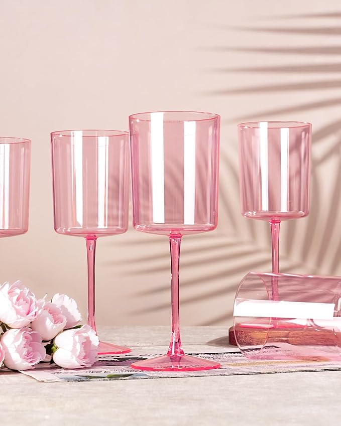 Ciaell 12 Pack Pink Plastic Wine Glasses - 10 Oz Disposable Wine Glasses with Stem for Parties & Weddings & Poolside & Outdoors & Camping & Easter