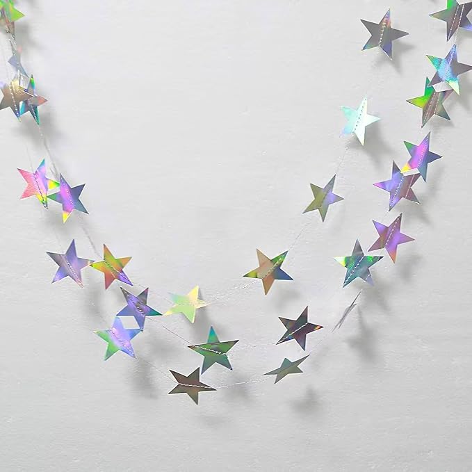 Iridescent Glitter Star Garland Hanging Decorations, Streamer Bunting Banner Decorations,65 Feet, Twinkle Star Backdrop for Graduation, Birthday, Wedding, Christmas Party, New Year (Iridescent)