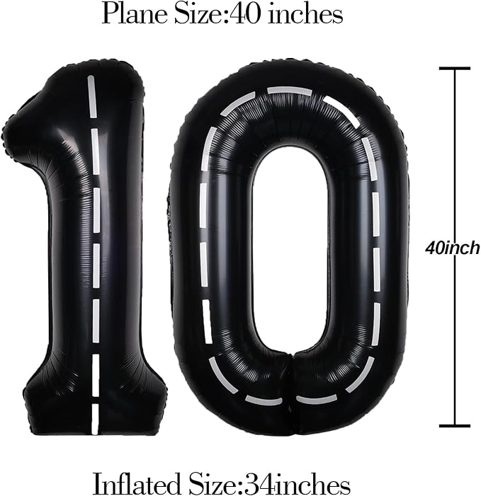 Race Car 40Inch Black 10 Balloon Number Large Helium Race Track 0-9 Giant Digital 10th Foil Mylar Big Party Number Balloons for Boy Birthday Car Theme Party Anniversary Graduation Decorations