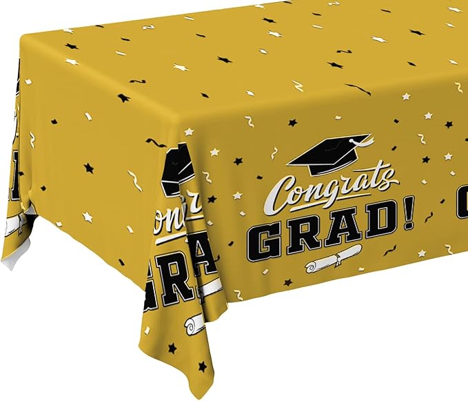 Gatherfun Graduation Tablecloths Graduation Party Table Decorations Waterproof Plastic Rectangular Disposable Table Cover for Congrats Grad Party Supplies 3PCS 54x108 Inch, Gold