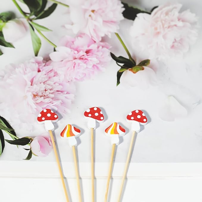 100Pcs Mushroom Cocktail Picks Fairy Enchanted Forest Decorations Toothpicks Fruit Sticks Skewers for Appetizer Charcuterie Food Sandwich, Mushrooms Woodland Birthday Baby Shower Themed Party Supplies