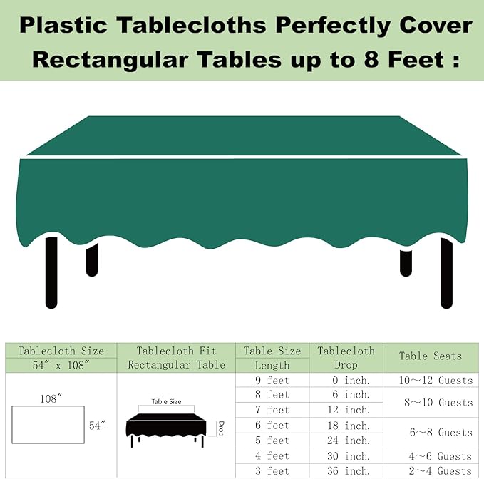 Plastic Dark Green Tablecloths 3 Pack Forest Green Disposable Table Covers 54" x 108" Hunter Green Table Cloths for Tropical Tiki Luau Parties Birthdays Christmas, Fits 6 to 8 Foot Rectangle Tables