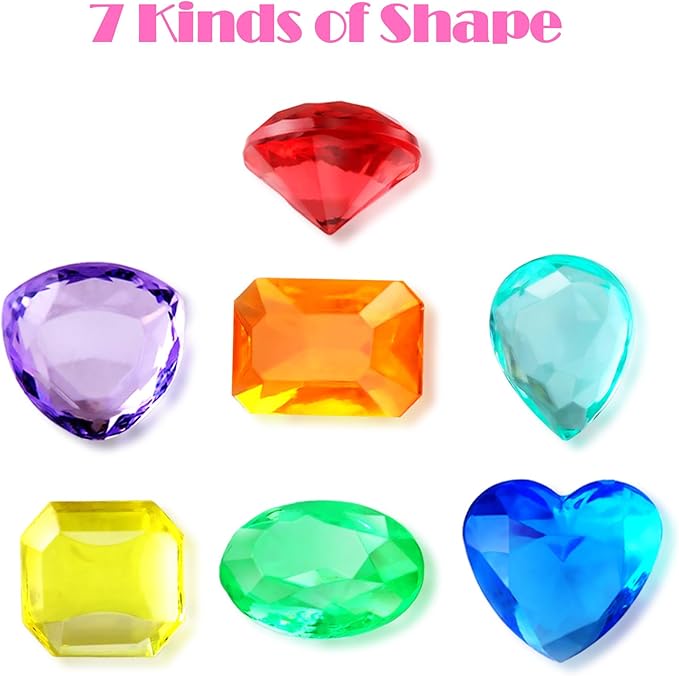 Niceup 200+pcs Kids Gemstones Toys for Pirate Treasure Princess Party Favor Pool Diving Gems Vase Filler Plastic Acrylic Fake Jewels Decors with Heart Diamond Drop Oval Rectangle Square Triangle