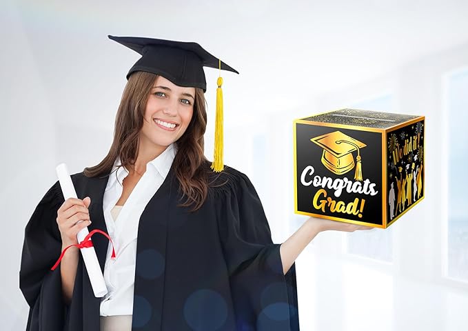 JWSCYSY Graduation Card Box Holder, Congrats Grad Foldable Cardboard Decorations Box for Graduation Party Favors Decor Party Supplies (Black Gold)