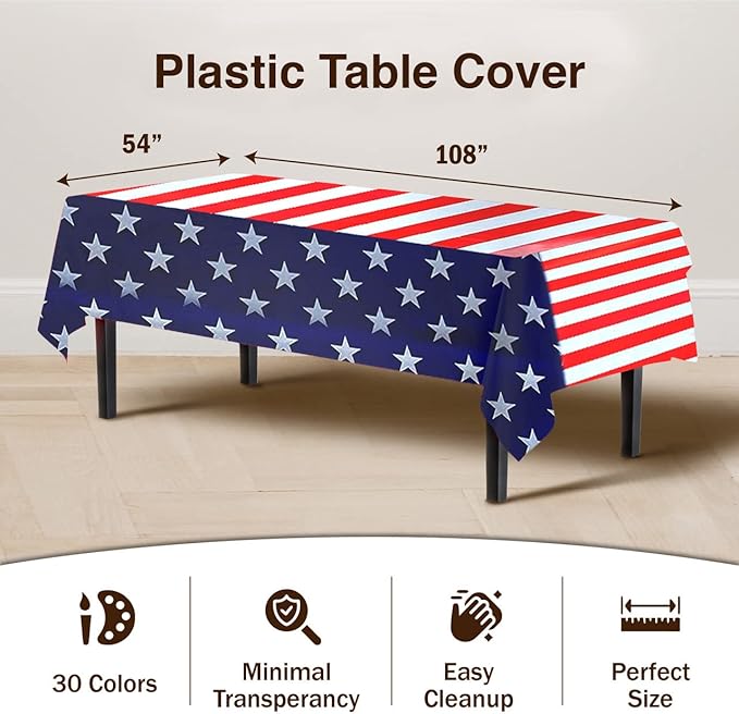 Exquisite 12-Pack Premium Plastic Tablecloth 54in. x 108in. Rectangle - American Flag Design