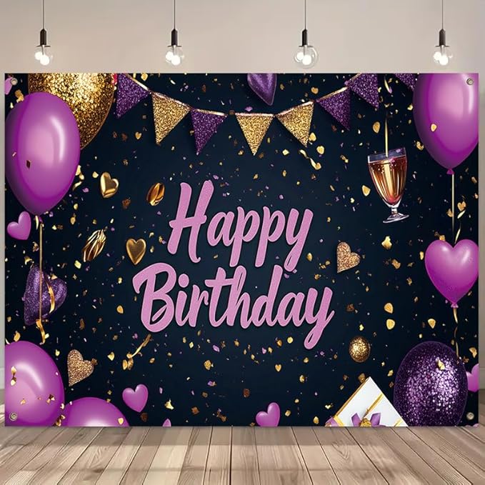 71x43 in Purple and Gold Birthday Party Backdrop, Happy Birthday Banner Decoration, Balloon Party Photography Backdrop, Suitable for Children, Adults, Girls, Ladies, Birthday Party Photo Setup Supplies