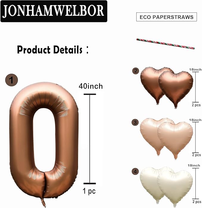 Jonhamwelbor 40 inch Number 0 Balloon Large Size Foil Helium Big Number Balloon 0-9 Birthday Party Mylar Balloon Numbers Decor (40 inch Brown 0)