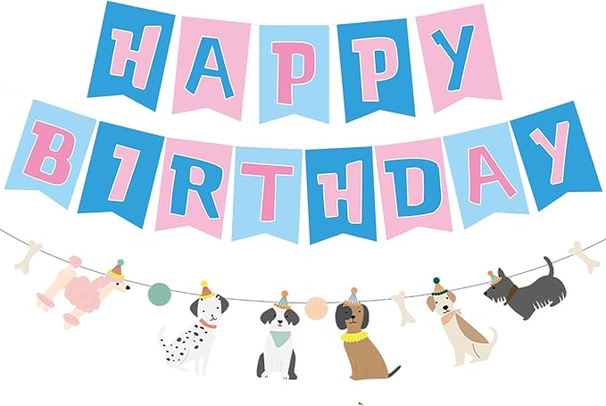 Dog Themed Puppy Paw Balloons Happy Birthday Party Banner for Girls & Women DIY Party Supplies (Pink Blue Banner)