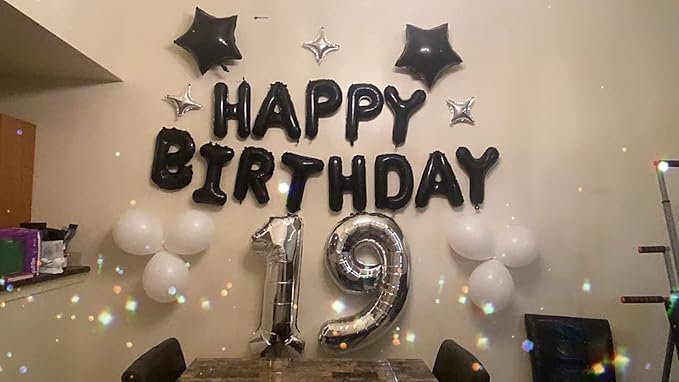 23pcs Birthday Balloons Banner, 3D Black Premium Mylar Foil Letter Happy Birthday Banner with 5pcs Star Balloons Kits for Kids, Girls, Boys, Men, Adults Party Decorations Supplies
