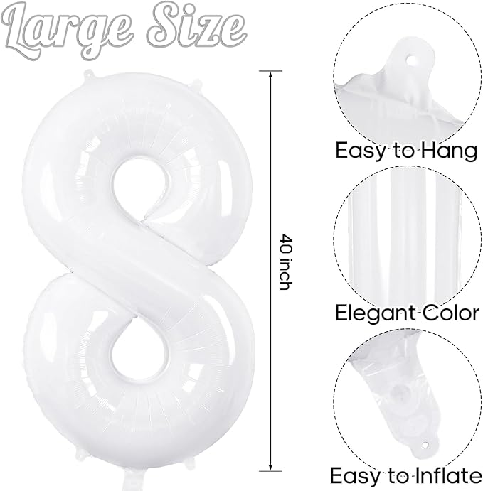 White Number Balloons 40 Inch Helium Mylar Number 8 Balloon for Birthday Party Anniversary Decoration (White, 8)