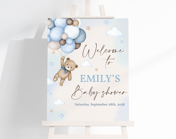 Personalized Teddy Bear Baby Shower Welcome Sign, Blue Balloon Bear Baby Shower Sign, Welcome to Baby Shower Sign Decoration