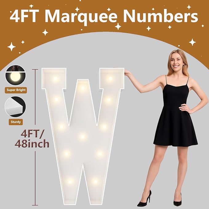 4FT Marquee Light Up Letters, Large Marquee Letters, Pre-cut Foam Board Letter W for Engagement Wedding Decorations Birthday Party Backdrop Decor, Balloon Arch Kit