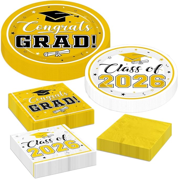 Graduation Party Plates and Napkins Yellow Class of 2026 Grad Congrats Party Supplies Disposable Dessert Paper Plates Cocktail Napkins forGraduation Party Decorations,Serve 50