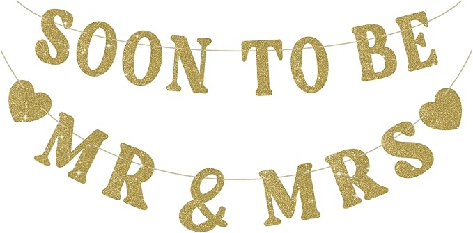 Soon To Be Mr & Mrs Sign Banner for Bridal Shower Decorations, Pre-Strung Gold Glitter Wedding Banner Decorations, Engagement Banners for Mantle Hanging Sign Couples Shower Decors