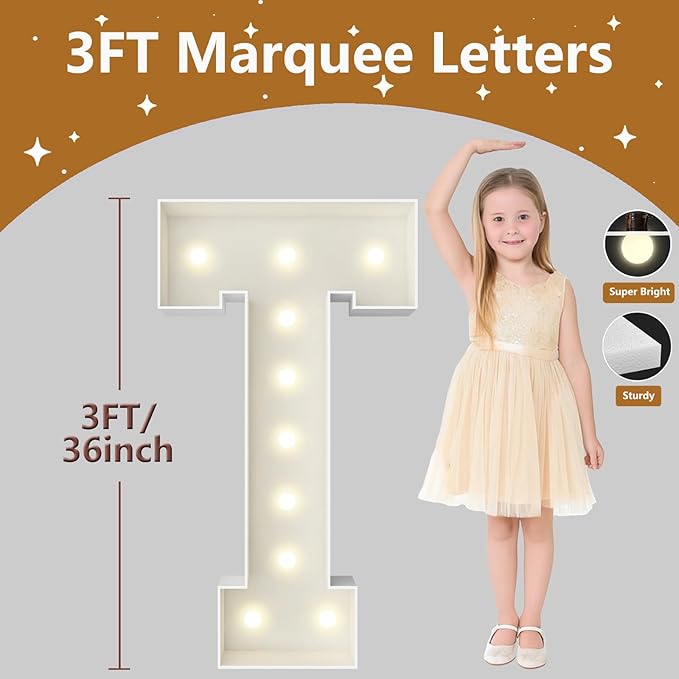 3FT Marquee Light Up Letters, Large Marquee Letters, Pre-cut Foam Board Letter T for Engagement Wedding Decorations Birthday Party Backdrop Decor, Balloon Arch Kit