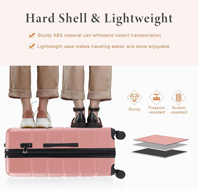 Sweetcrispy Carry on Suitcase, Luggage with Spinner Wheels, Hard Shell ABS, TSA Lock, Pink, 3-PCS Set (20/24/28 inch)