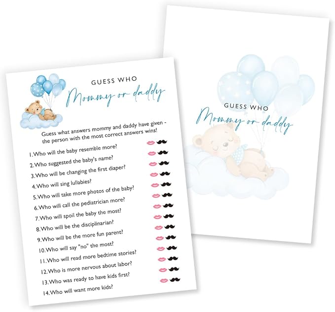 Guess Who Mommy or Daddy Game Cards, Blue Bear Party Games for Boy, 25 Pcs 5x7in Sheets, Fun Gender Reveal Activity & Baby Boy Celebration Supplies - B02