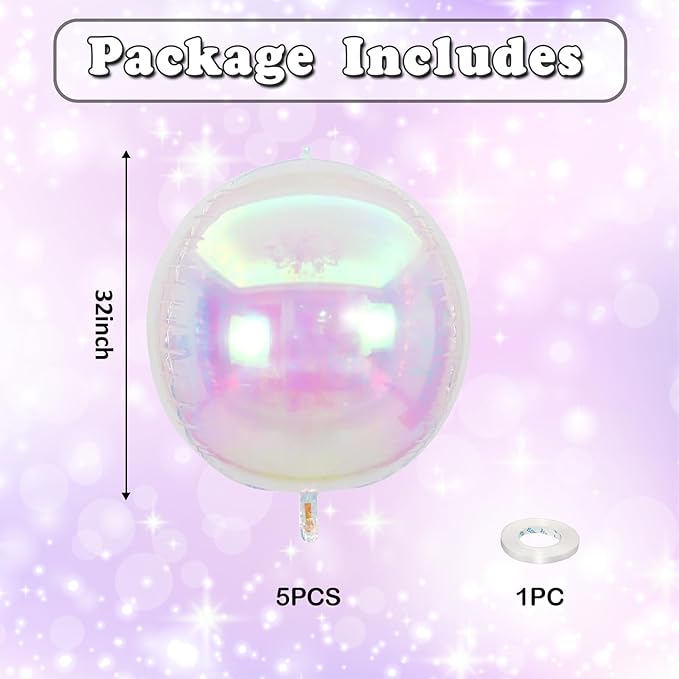 Iridescent Round Foil Balloons 32 Inch 5 Pcs Holographic 4D Ball Balloons Clear Balloon Ornament Mylar Balloon for Girls Mermaid Under The Sea Rainbow Birthday Wedding Baby Shower Party Decor