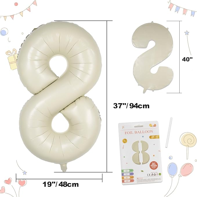 40in Birthday Big Number Balloon - CARGEN Giant Foil Balloons for Women Men Birthday Party Wedding Anniversary Supplies Decorations, Creamy White Eight, No.8