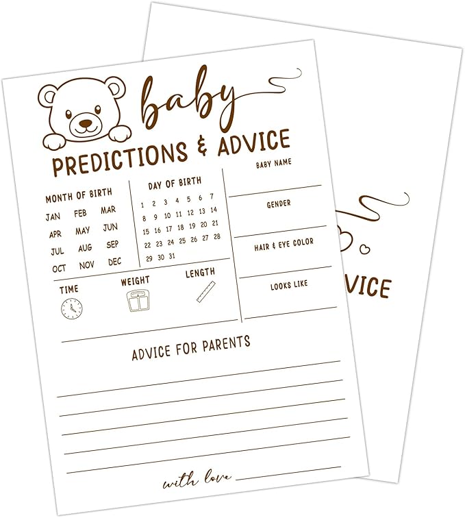 30 PCS Cute Bear Baby Predictions Cards Baby Shower Game for Boy Girl, Double-Sided Games Gender Neutral Gender Reveal Party Supplies & Decor-C09