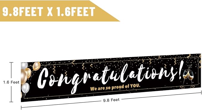 Large Congratulations Decoration Banner, Black Graduation Congrats Banner Sign, Birthday Engagement Wedding Retirement Party Decorations Supplies(9.8x1.6ft)