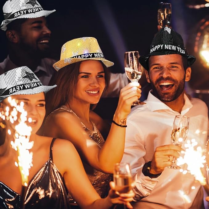 9 Pack New Year Hat Fedora Hats New Years Hats New Year Eve Sequin Hat Gold Black Silver Happy New Year Hat for Adults Men and Women Christmas New Year Party Decorations