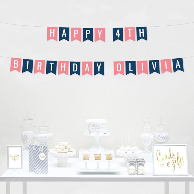 Andaz Press Personalized Hanging Pennant Banner Party Decorations, Coral, Navy Blue, Happy 4th Birthday Olivia, 1-Pack, Approx. 5-Feet, Custom Name and Number
