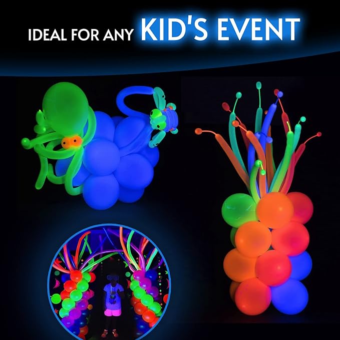 Glow King Neon Tying Balloons - Fluorescent Neon Glow Party Balloons for Tying Balloon Animals - Blacklight Reactive Party Supplies - Neon Party Decorations for Black Light Parties - (75)