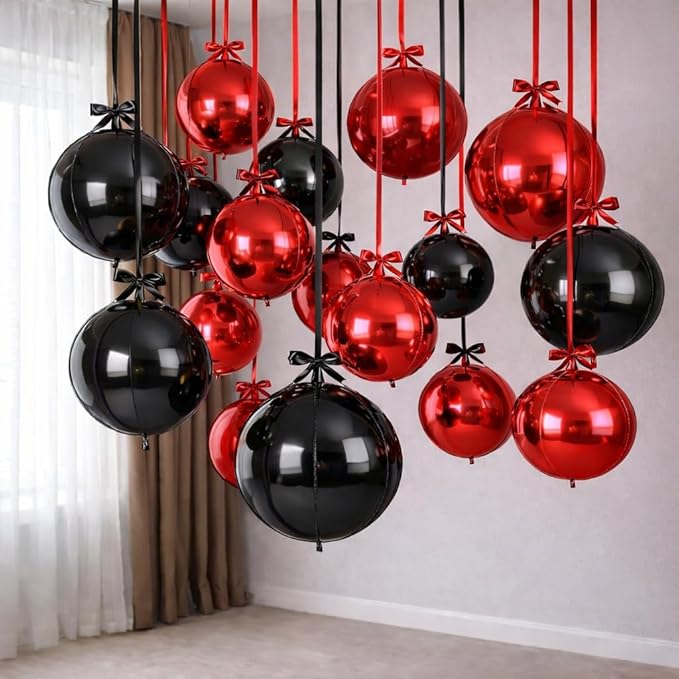 Togvu Black Red Round Foil Balloons, 16PCS Different Sizes 4D Metallic Balloon Large Sphere Mirror Ball Balloons for Prom Graduation New Year Halloween Birthday Party Ceiling Decorations Supplies