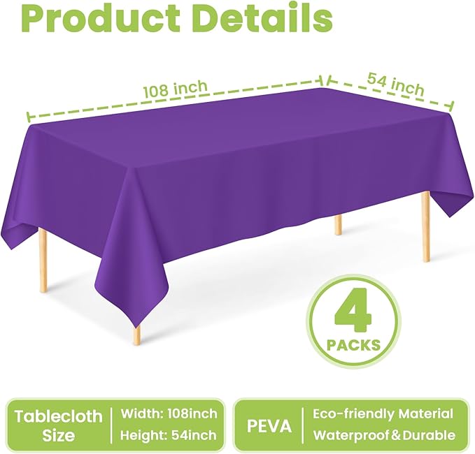 Mulbozy Purple Plastic Table Cloth Disposable 4 Pack, 54 × 108 Inch Tablecloths Rectangle, Purple Plastic Table Cover for Party Decor