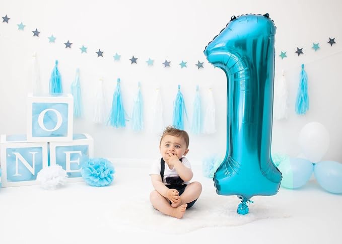 Light Blue Number 1 Balloon for First Birthday 40 Inch, 1st One Number Balloons Birthday Decorations for Girl Boy Toddler Baby