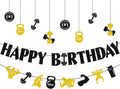 Zwiebeco Black Gold Gym Happy Birthday Banner Bunting Hanging Paper Ornament Garland Party Decorations for Fitness Dumbbells Kettlebells Weightlifting Themed Boys Mens Bday Decor Accessories Supplies