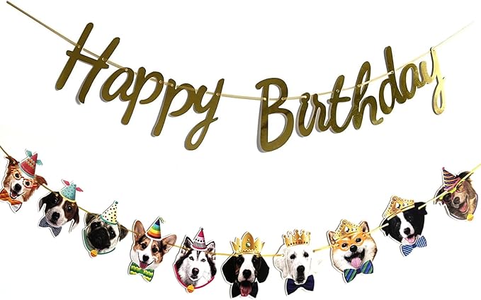 Dog Birthday Garland Funny Happy Birthday Banner Decor Puppy Face Bday Party Bunting Decorations Gold Sign