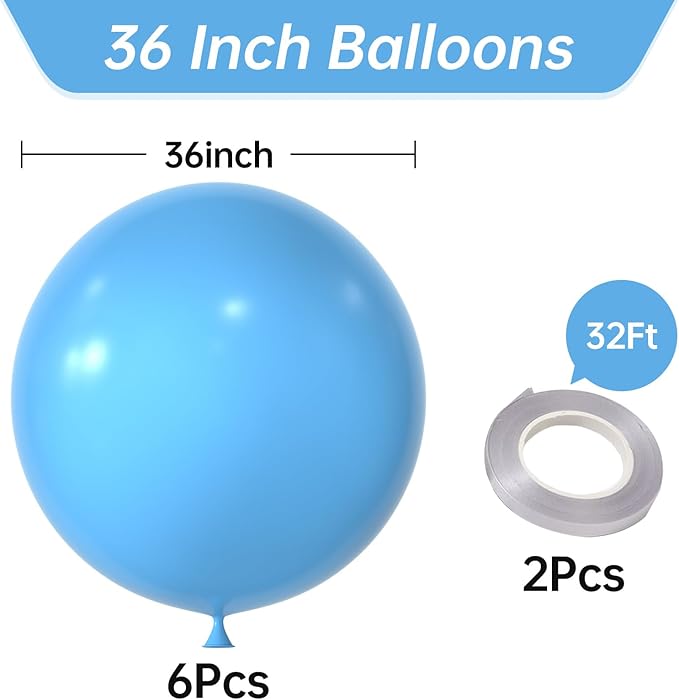 KALOR 36 Inch Giant Light Blue Balloons, 6 Pack Large Round Light Blue Latex Balloons for Anniversary, Birthday, Christmas, Wedding, Baby Shower Party Decorations