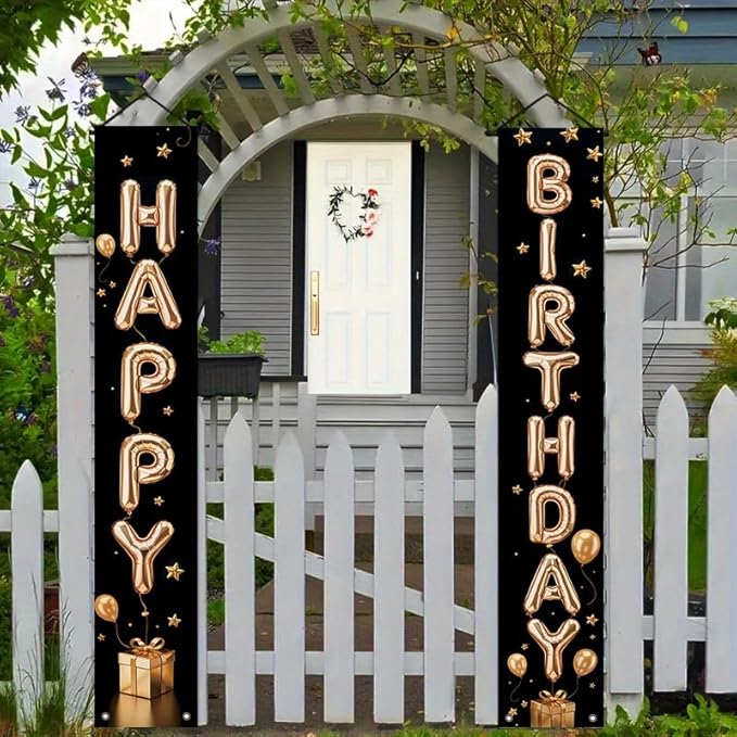Birthday Decor Banner 12x71 Inches, Happy Birthday Door Hanging Sign, Black and Gold Party Decorations for Indoor Outdoor Celebration