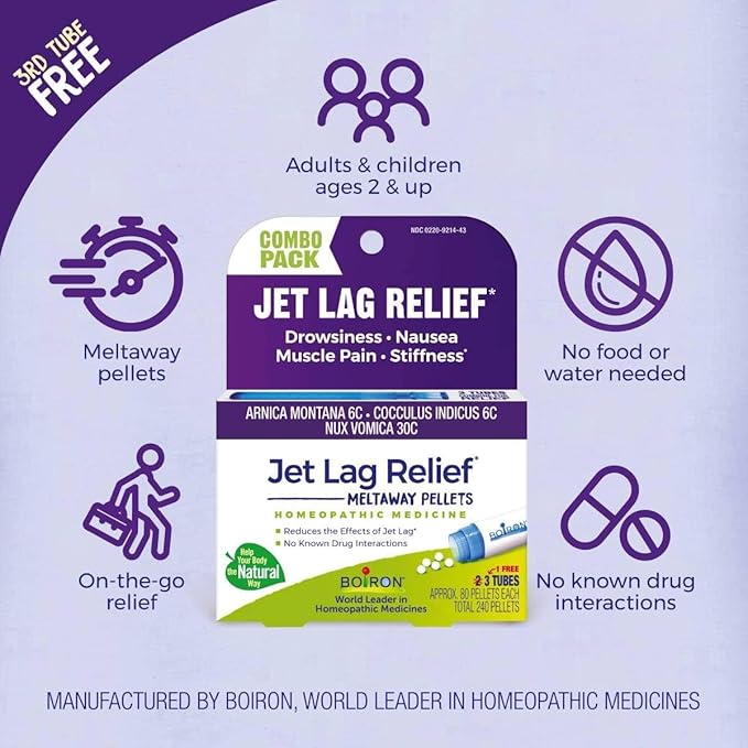 Boiron Jet Lag Relief Kit - Travel Essential for Relief from Nausea, Stiffness, Muscle Pain, and Drowsiness from Long Flights - (240 Pellets), (Pack of 6)