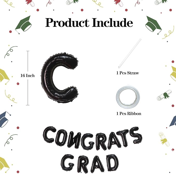 KALOR 16 Inch Black Congrats Grad Banner Balloons, Black Congrats Grad Letters Sign, Graduation Decorations 2026 for Graduation Party Decorations 2026