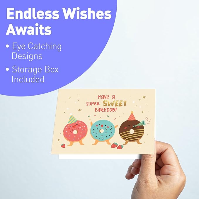 S&O Box of Birthday Cards with Envelopes - Bulk 24 Unique Happy Day Notes - Colorful Birthday Decor Bulk for Office & Home - Assorted Party Cards with Envelopes - 4x5.5”